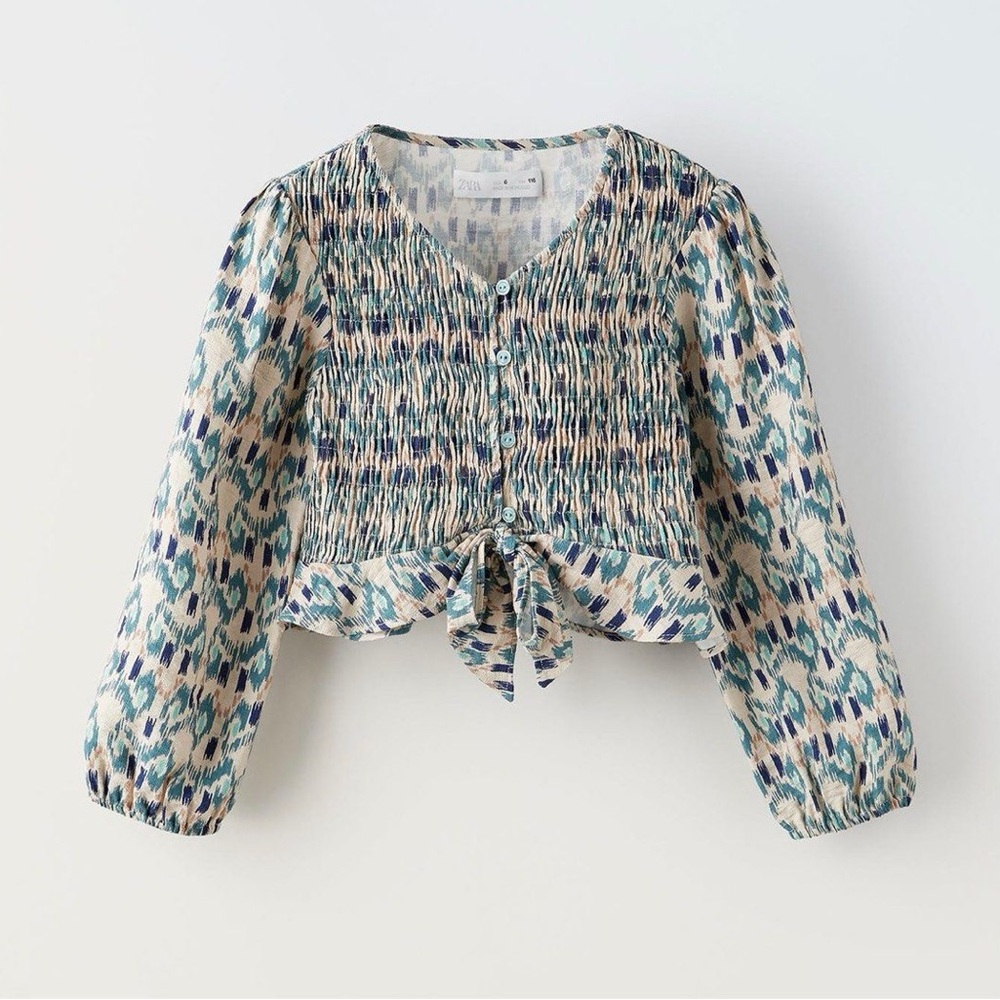 NWOT ZARA Kids Batik printed Smocked Long Seeve Top with Button Front and Tie